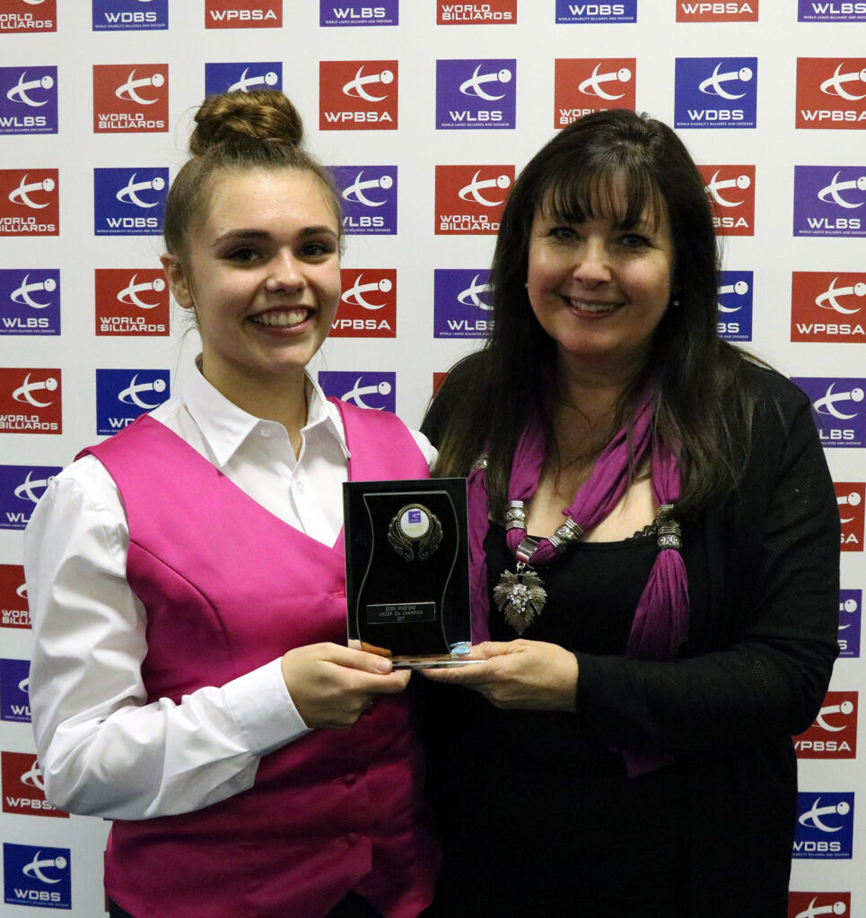 Chloe White presented with trophy by Mandy Fisher